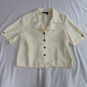 Cropped Vintage Cream Southwest Turquoise Button-Up Short Sleeve Shirt Small